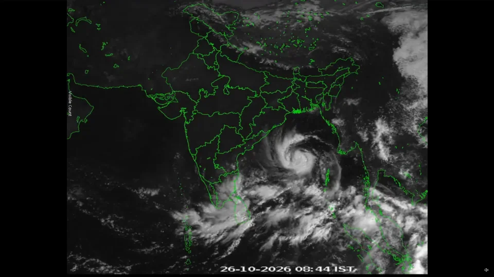 Satellite image of India and the Bay of Bengal from October 26, 2026, at 08:44 IST, showing the distinct swirl of Cyclonic Storm 'Arnab' spinning in the ocean off the eastern coast.