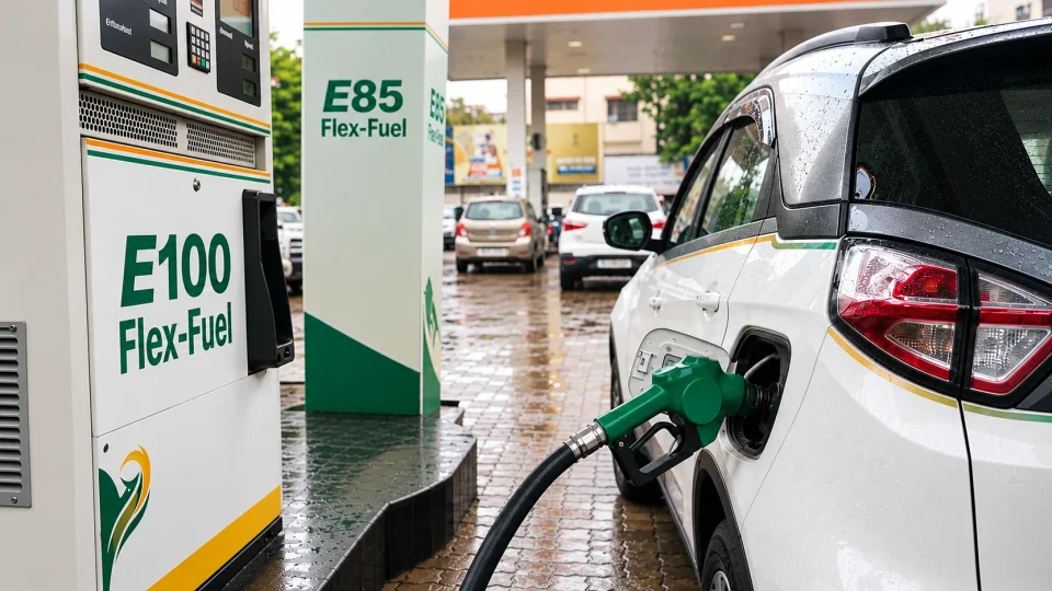 E100 flex fuel pump dispensing pure ethanol into a white Tata Nexon EV inspired flex fuel car at a petrol station