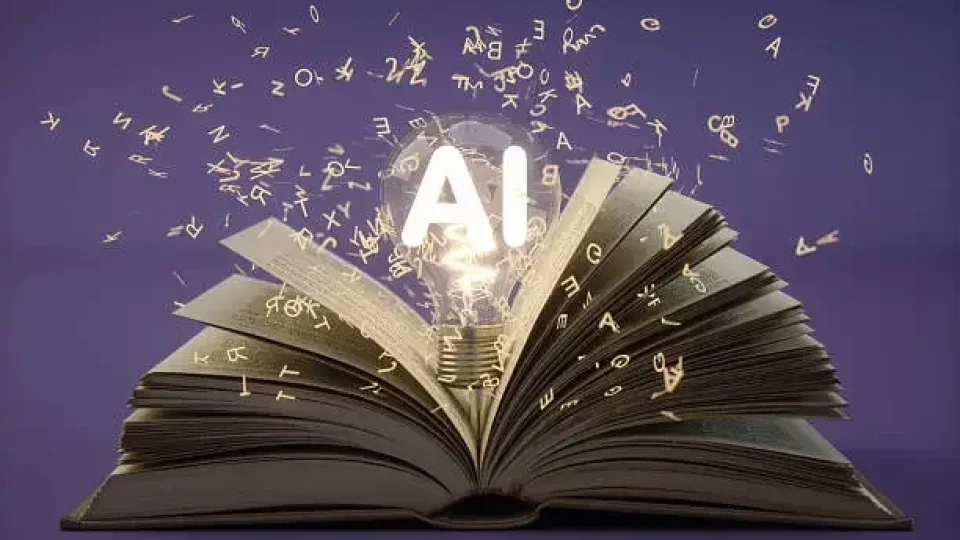 An open book with a glowing light bulb marked AI at its centre, surrounded by floating letters against a purple background.