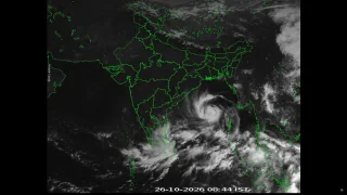 Satellite image of India and the Bay of Bengal from October 26, 2026, at 08:44 IST, showing the distinct swirl of Cyclonic Storm 'Arnab' spinning in the ocean off the eastern coast.