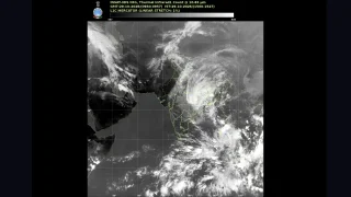 INSAT-3DS thermal infrared weather satellite imagery from the India Meteorological Department showing dense cyclonic cloud cover over eastern India and the Bay of Bengal.