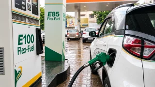 E100 flex fuel pump dispensing pure ethanol into a white Tata Nexon EV inspired flex fuel car at a petrol station