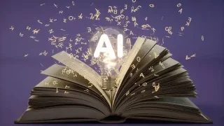 An open book with a glowing light bulb marked AI at its centre, surrounded by floating letters against a purple background.
