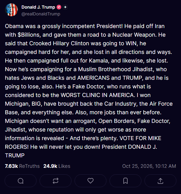 Truth Social Post by US President Donald Trump attacking Former US President Obama, making anti-muslim rhetoric about El-Sayed