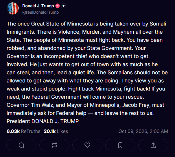 Truth Social Post by US President Donald making Anti-Muslim remarks