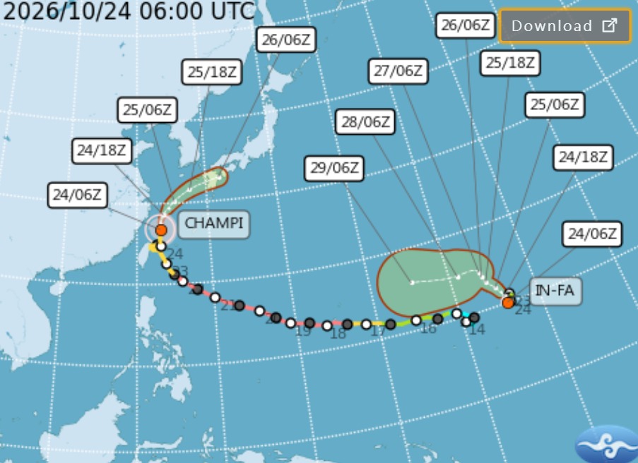 This meteorological forecast map shows the predicted paths and historical tracks of two active tropical cyclones, labeled CHAMPI and IN-FA, as of October 24, 2026, at 06:00 UTC. Courtsey: Taiwan's Central Weather Administration
